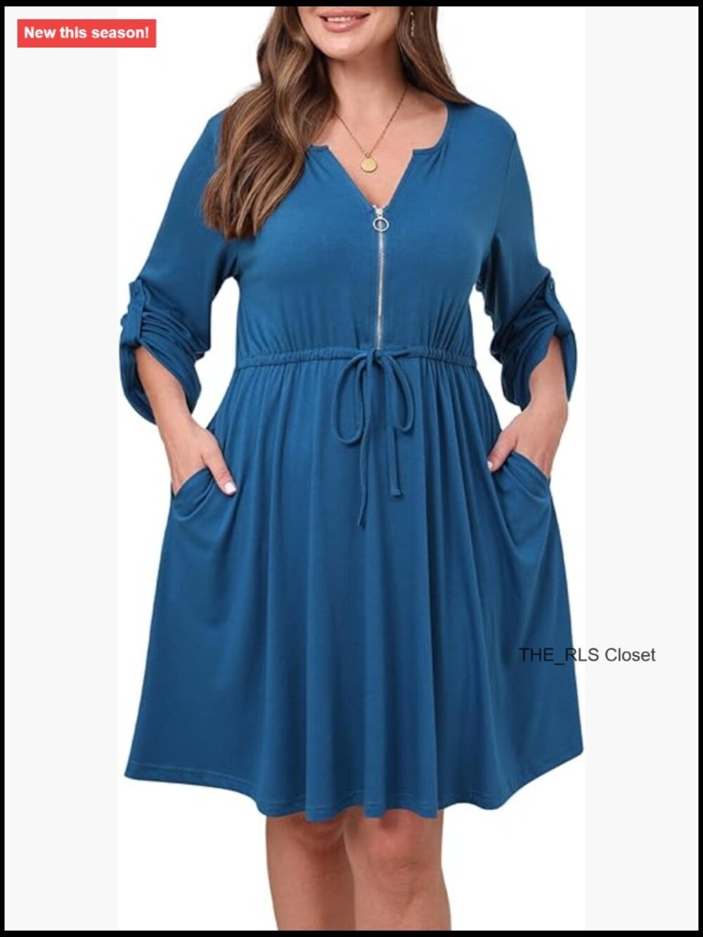Plus Size Casual Dress With Roll Up 3/4 Sleeves V Neck Zipper Tie Waist